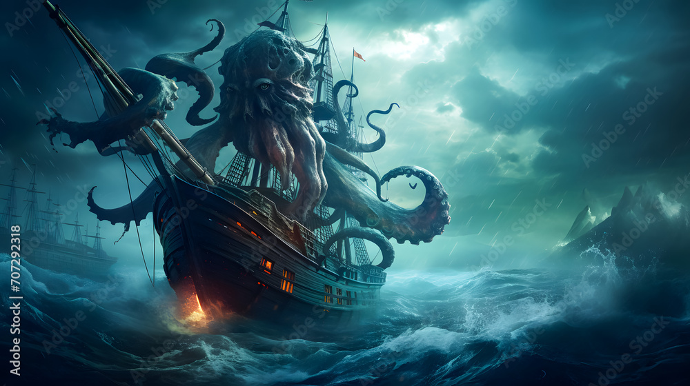 Fantasy scene with kraken of giant octopus and ship in the sea. Horror ...