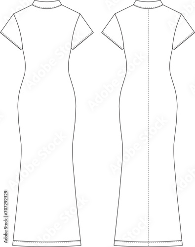 high neck short sleeve long maxi bodycon dress template technical drawing flat sketch cad mockup fashion woman design style model