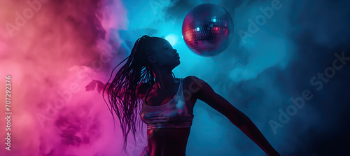 Beautiful African black girl silhouette dance in disco party beside disco ball and stage smoke in retro pint and blue light with copy space