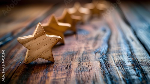 Wooden stars arranged in a row, symbolizing a satisfaction rating system used for evaluating customer feedback, service quality, or product excellence. photo
