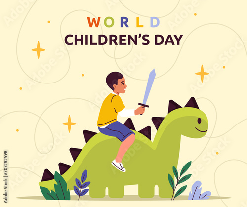 World childrens day poster. Kid with sword at dinosaur. International holiday and festival 20 November. Fantasy and imagination. Entertainment and fun. Cartoon flat vector illustration