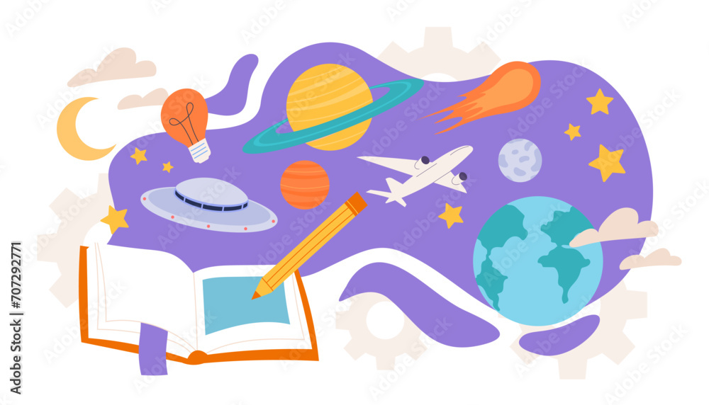 Naklejka premium World from book concept. Imagination and fantasy, dream. Fiction and textbook with space and cosmos. Planets and universe, stars. Cartoon flat vector illustration isolated on white background
