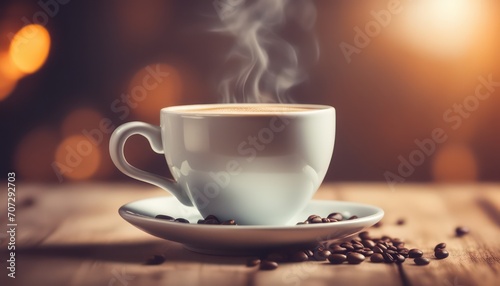 Steaming coffee cup with beans on wooden table