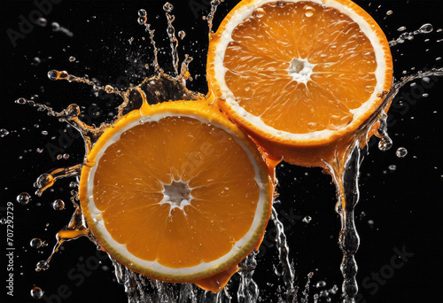 Fresh oranges in water splash on black background