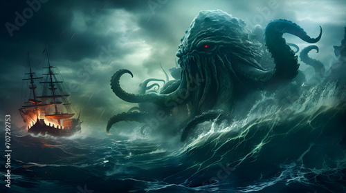 Fantasy scene with kraken of giant octopus and ship in the sea. Horror concept. 3D Rendering