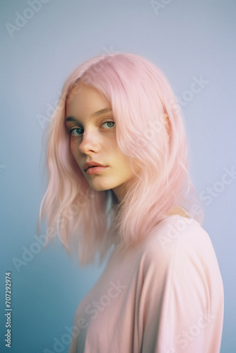 Portrait of a beautiful girl with pink hair. Studio shot .