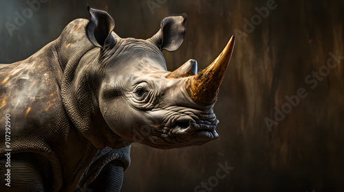 White rhinoceros (Rhinoceros unicornis) in the dark forest. The one-horned rhinoceros is now threatened with extinction. Wildlife scene. 