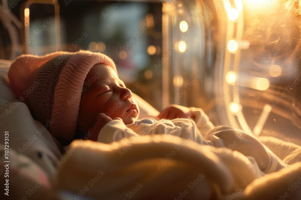Premature Baby:Witness the delicate journey of a newborn baby inside an incubator in the hospital, receiving specialized care as a premature miracle unfolds in the realm of neonatal health. - obrazy, fototapety, plakaty 