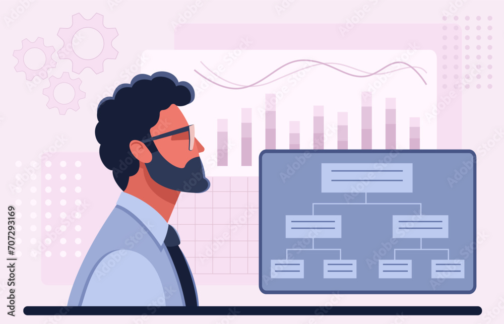 Male businessman, manager, analyst, stock trader, broker, investor on the background of a graph, structural diagram. Concept for business, management, analysis, stock market, investment, marketing.