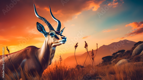 Springbok or Impala antelope (Aepyceros melampus) on the grassland at sunset. African national symbol photo