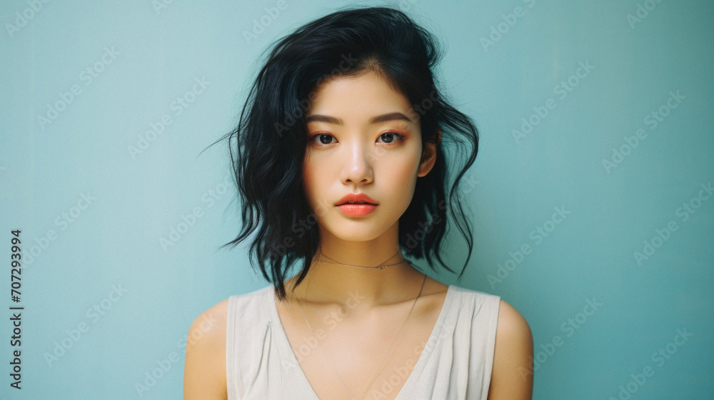 Portrait of a beautiful asian woman in white shirt on blue background Portrait of a beautiful asian woman in white shirt on blue background