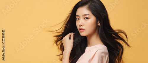 Beautiful asian woman with long hair looking away isolated on yellow