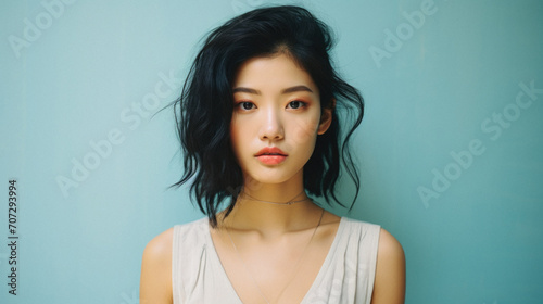 Portrait of a beautiful asian woman in white shirt on blue background