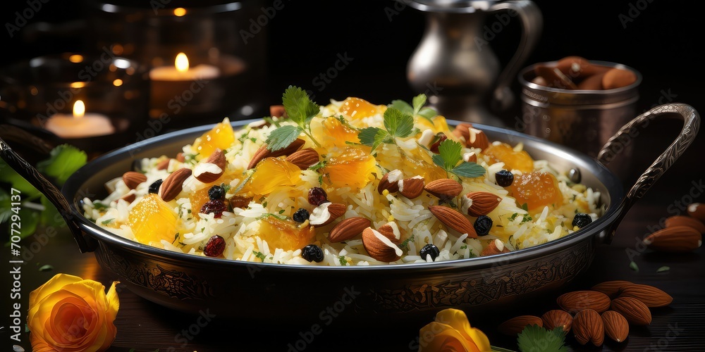 Zarda Culinary Delight, A Visual Symphony of Sweetened Saffron Rice, Nuts, and Raisins, Capturing Festive Bliss in Every Spoonful. 