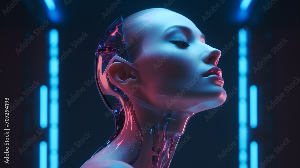 Portrait of a beautiful futuristic cyborg woman, neon lights. - obrazy, fototapety, plakaty 