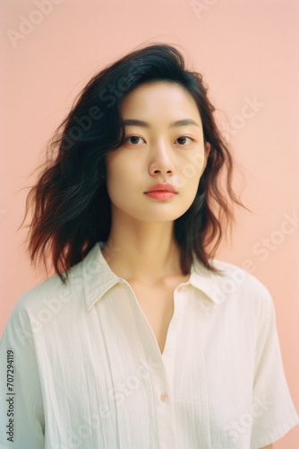 Portrait of a beautiful young asian woman in white shirt on pink background