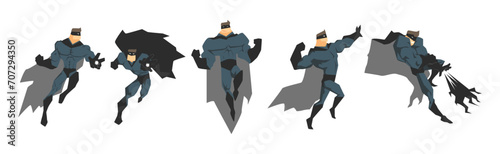 Man Superhero Character in Cloak and Mask in Different Pose Vector Set