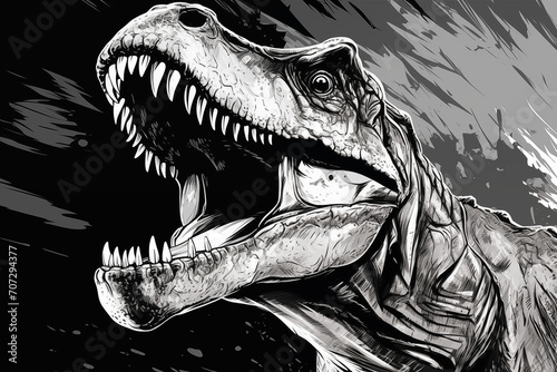Close up of the head of a t-rex ready to attack roaring teeth dinosaur in monochrome style black and white illustrated no color generative ai