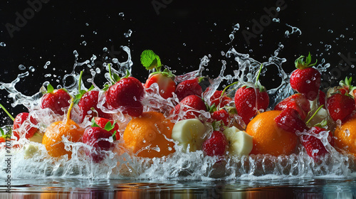 An assortment of vibrant fruits creating an energetic splash in water, evoking freshness and vitality. © Tiz21