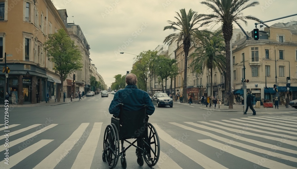 a man in a wheelchair walks through the city streets, a man in a wheelchair crosses the road, people with disabilities in everyday life, a man in a wheelchair enjoys the view