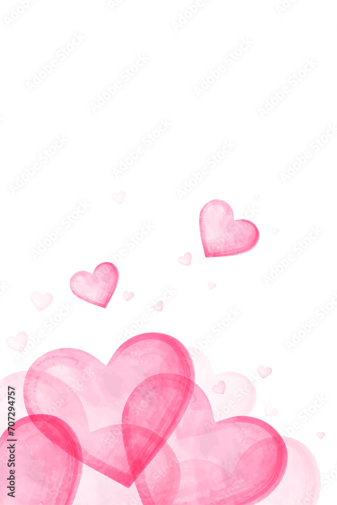 Pink background vertical made of pink watercolor hearts for congratulations on Valentine's Day. Design for decorating a wedding card. Vector illustration.