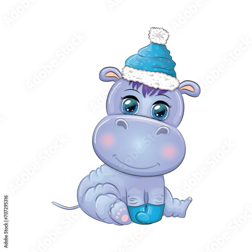 Cute cartoon hippo in Santa hat with gift  Christmas ball and candy cane. New Year and Christmas