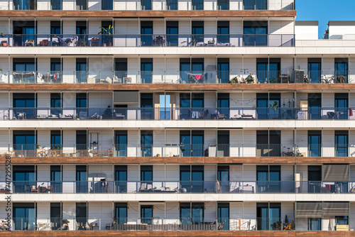 Facade of a modern apartment building in the Poblenou area known as 22@ in Barcelona in Catalonia Spain