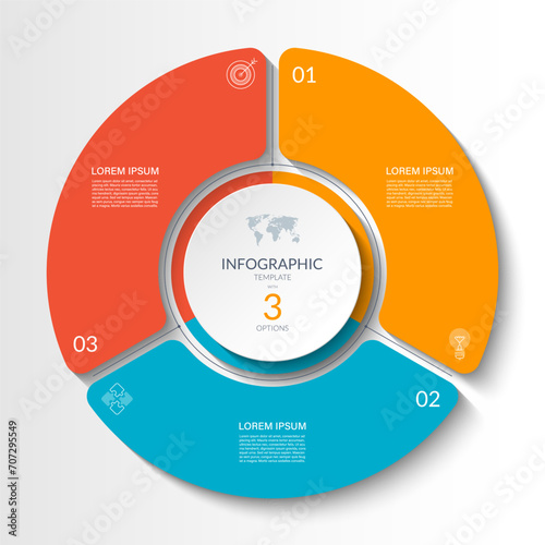 Infographic circular vector template with 3 options, parts. 3-step cycle diagram for business infographics. Process chart, vector banner for presentation, report, brochure, web, data visualization.