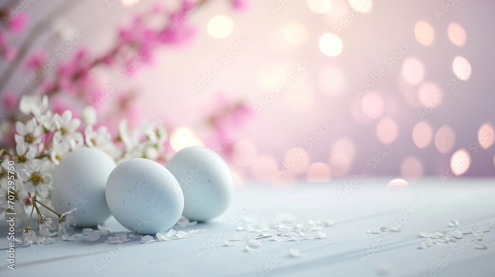easter background with eggs on white floor in the foreground, blurred pink vivid bokeh and flowers. easter background with eggs on white floor in the foreground, blurred pink vivid bokeh and flowers.