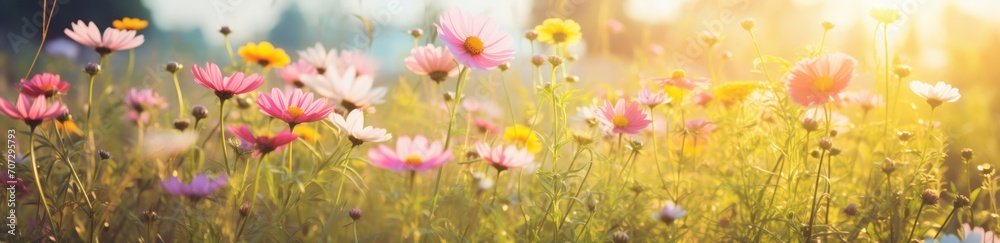colorful flowers in a field with sunlight in the background. colorful flowers in a field with sunlight in the background.