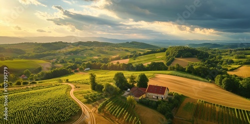 aerial drone footage of a rural countryside farm.