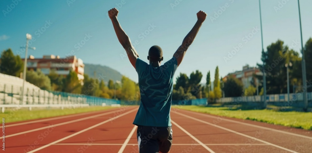 Naklejka premium athlete at the finish line of the race and celebrates crossing it with his arms up.