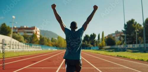 athlete at the finish line of the race and celebrates crossing it with his arms up. © olegganko