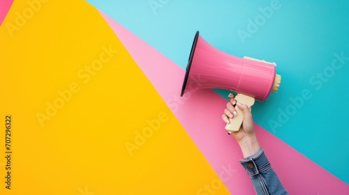 hand holding megaphone against minimalist vivid background with copy space.