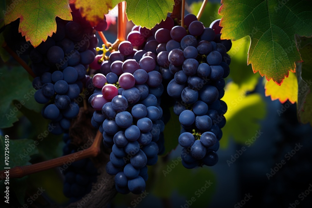 Fototapeta premium Explore the significance of the isolated grape clusters on the tree in the context of agricultural practices.