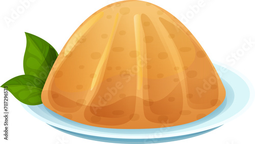 Concept jelly food dessert, marmalade icon foodstuff bowls, sweetness fruit jam cartoon vector illustration, isolated on white. Sweet taste pudding meal, orange aspic edible plate. photo