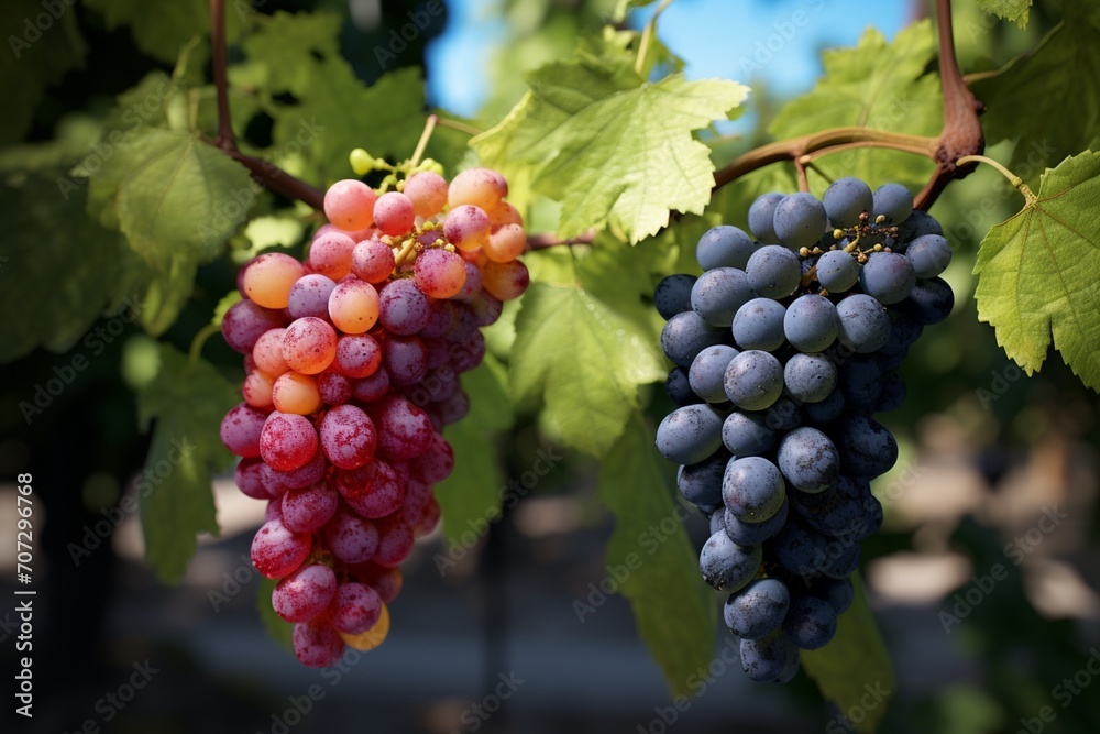 Illustrate the seasonal changes in appearance and color of grapes as they mature on the isolated tree