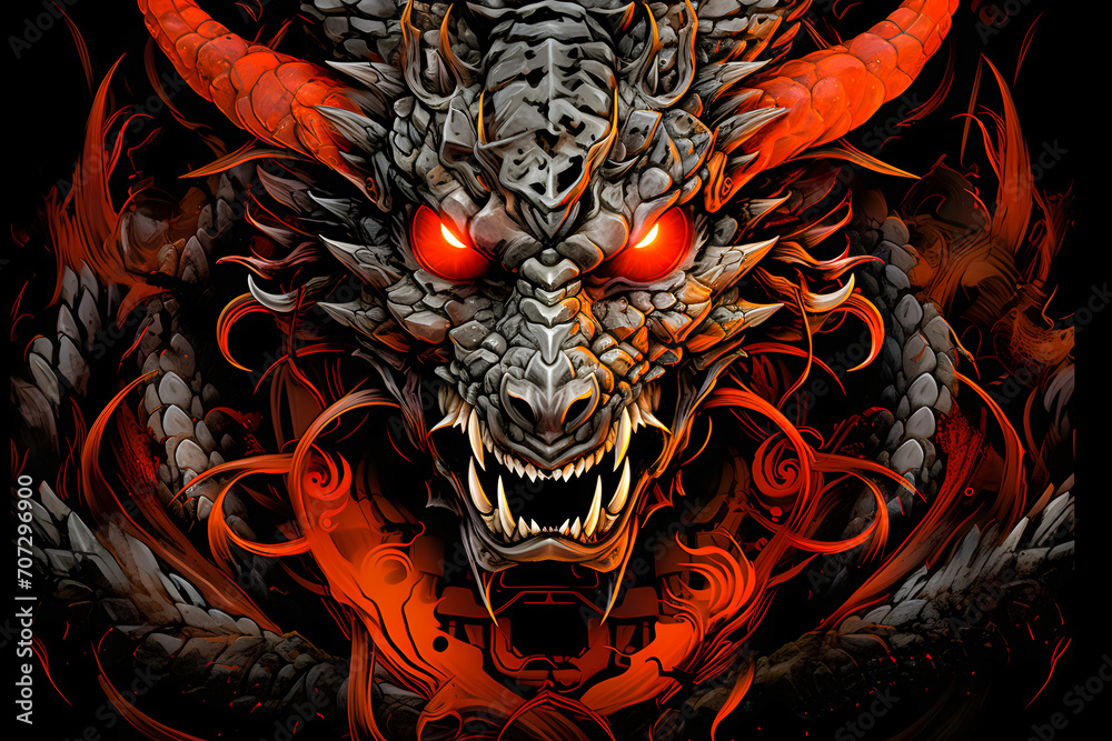 Dragon head with fire and smoke on black background. Digital illustration design for t-shirts Dragon head with fire and smoke on black background. Digital illustration design for t-shirts