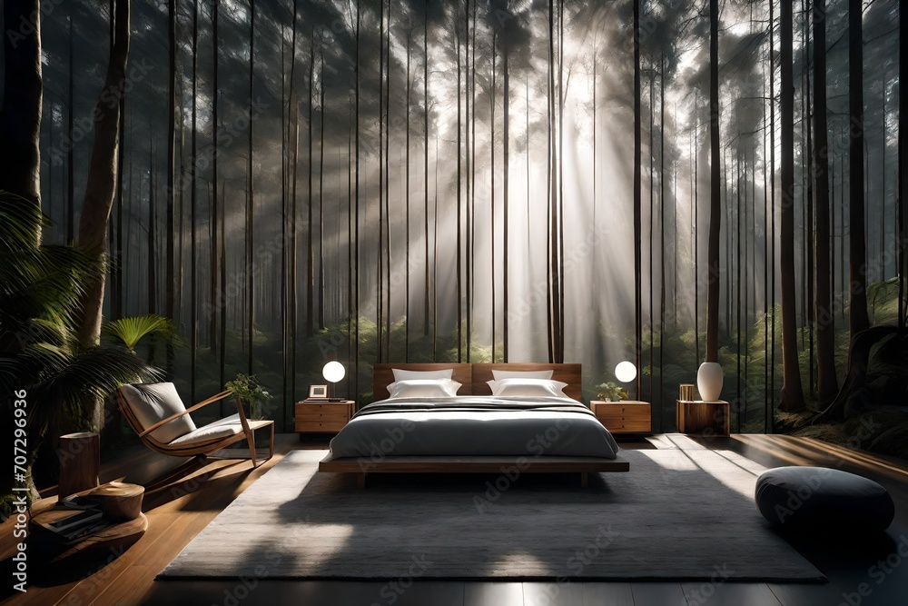 Transport yourself to a sanctuary of style and nature in a contemporary bedroom adorned with elegant wooden accents. - obrazy, fototapety, plakaty 