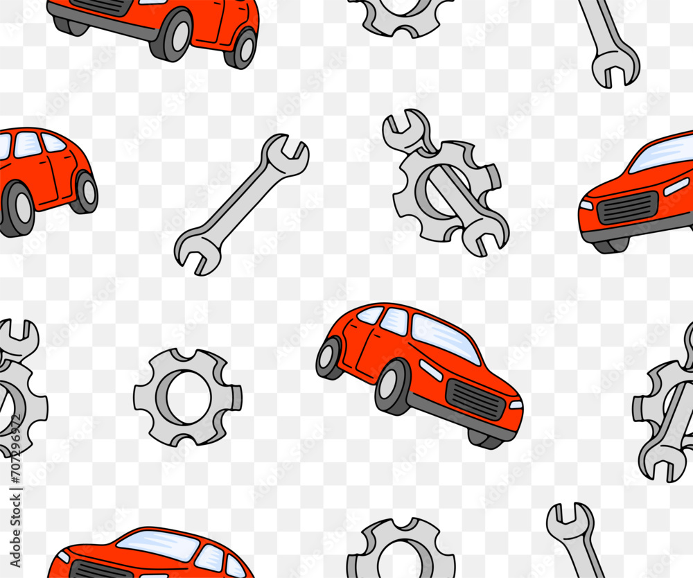 Fototapeta premium Car, gear and wrench, seamless vector background and pattern. Transport, transportation, cogwheel, gear wheel and spanner, vector design and illustration