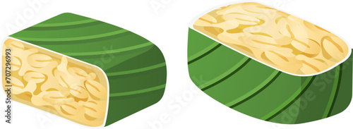 Small piece soy tempeh asian food, concept vegan foodstuff organic plant cartoon vector illustration, isolated on white. Vegetarian korean tofu green bamboo leaf sliced, curd mass.