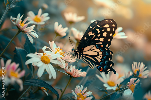 Close up photo of a butterfly on a daisies