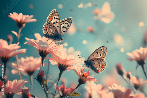 Butterfly on a  pink flower, sky in the background photo