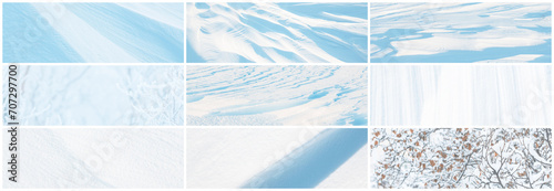 Set of snow textures. A collection of light winter backgrounds including: smooth clean white snow, wind sculpted patterns on the snowy ground, branches of trees and bushes covered with snow and frost. photo