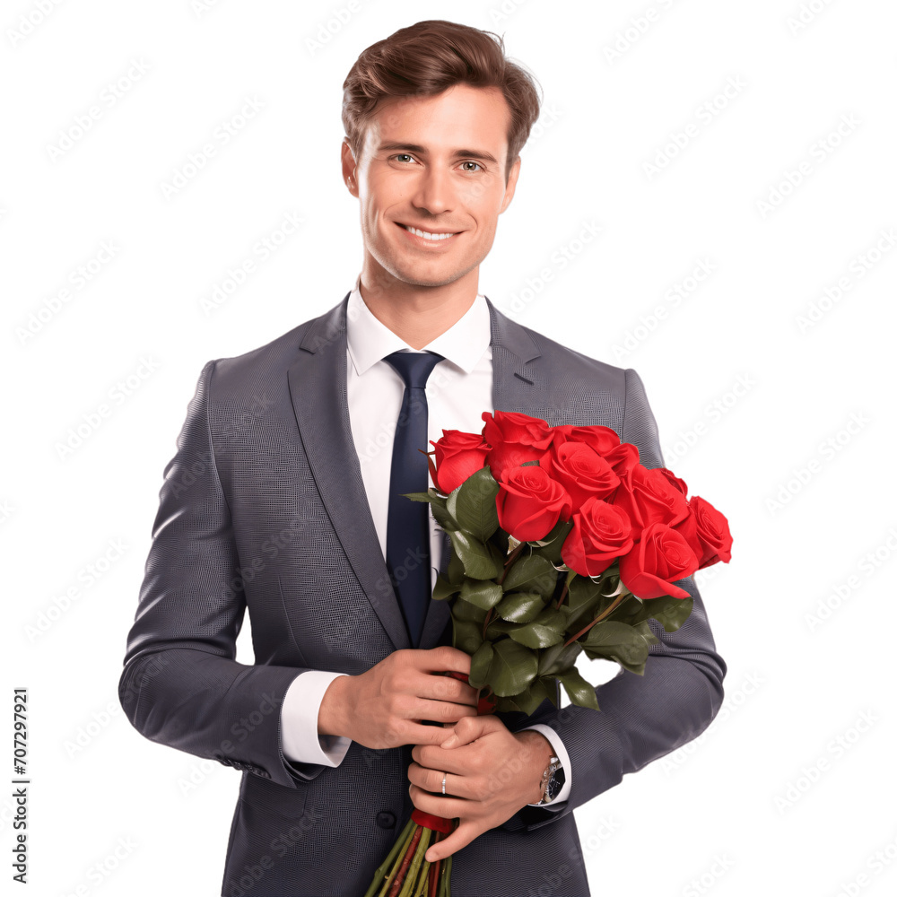 Handsome young brunette man in elegant suit holding a bouquet of roses as a romantic gesture. Isolated on transparent background, no background, cutout. Male model for Valentine's Day Ad Campaigns. Handsome young brunette man in elegant suit holding a bouquet of roses as a romantic gesture. Isolated on transparent background, no background, cutout. Male model for Valentine's Day Ad Campaigns.