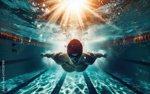 Woman Swimming Freestyle. Under water shoot of a woman swimming freestyle in olympic pool photo
