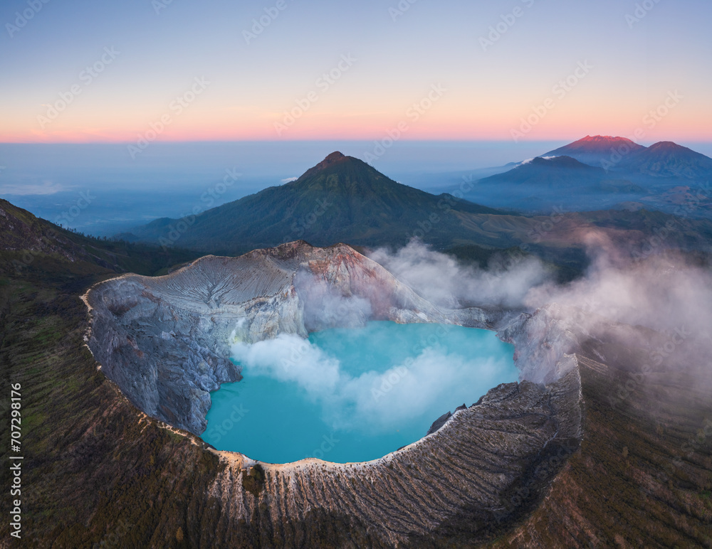 Aerial view of Kawah Ijen crater lake in the morning, java, Indonesia