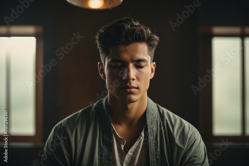 young man meditating in natural light 