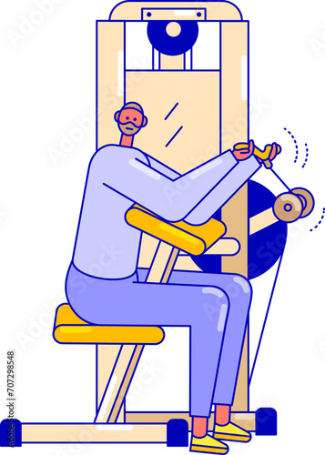 Person exercising on gym machine focused on fitness. Male athlete using leg press machine for workout. Strength training and muscle building vector illustration.