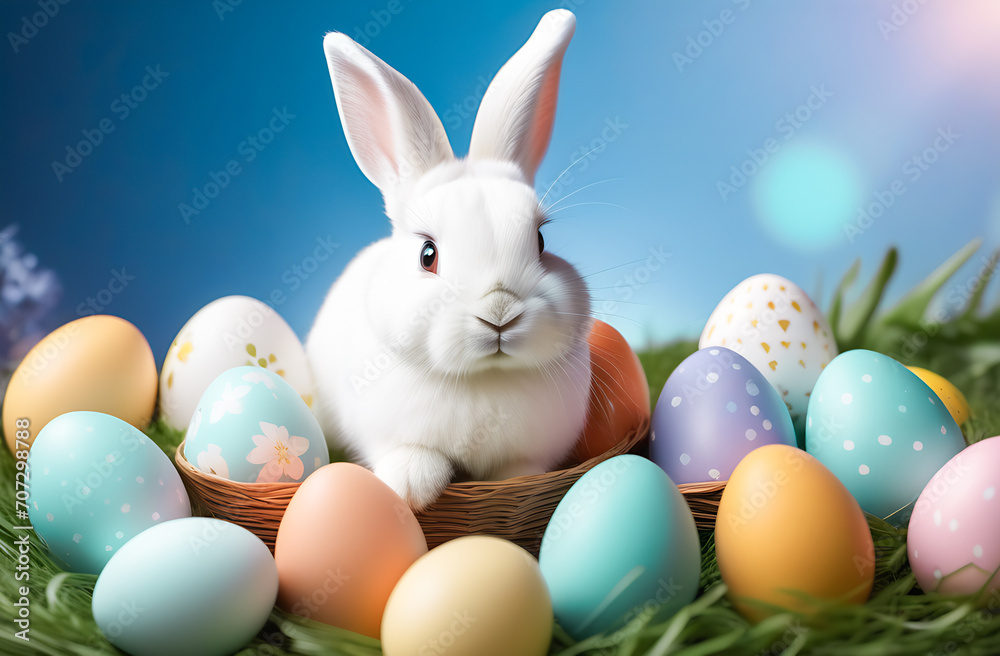 Easter bunny and colorful eggs on green grass Easter bunny and colorful eggs on green grass